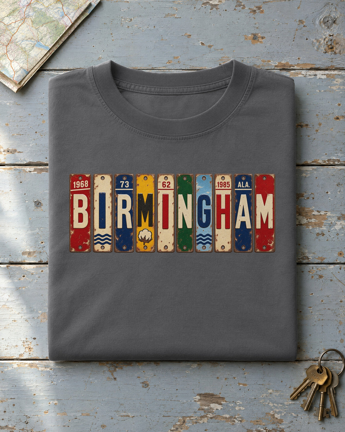 Birmingham, Alabama vintage license plate t-shirt in Pepper