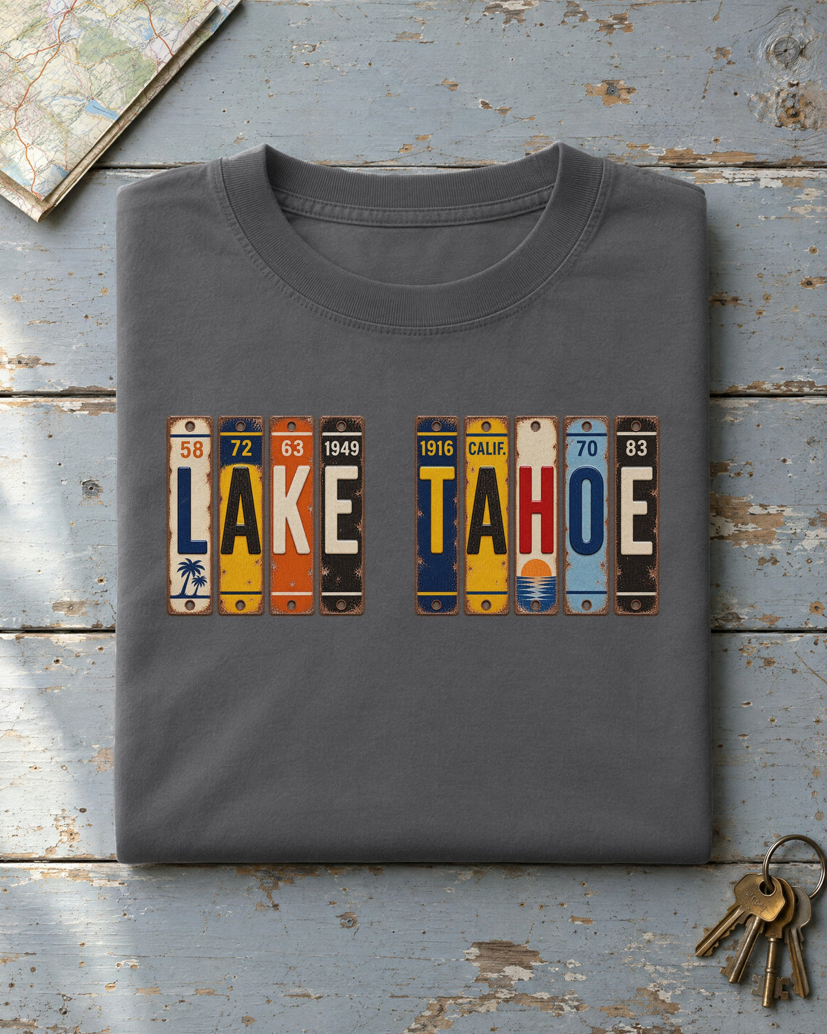 Lake Tahoe, California vintage license plate t-shirt in Pepper