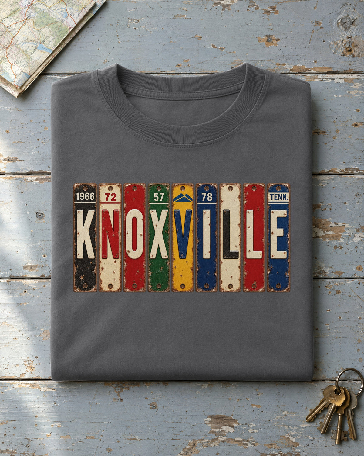 Knoxville, Tennessee vintage license plate t-shirt in Pepper