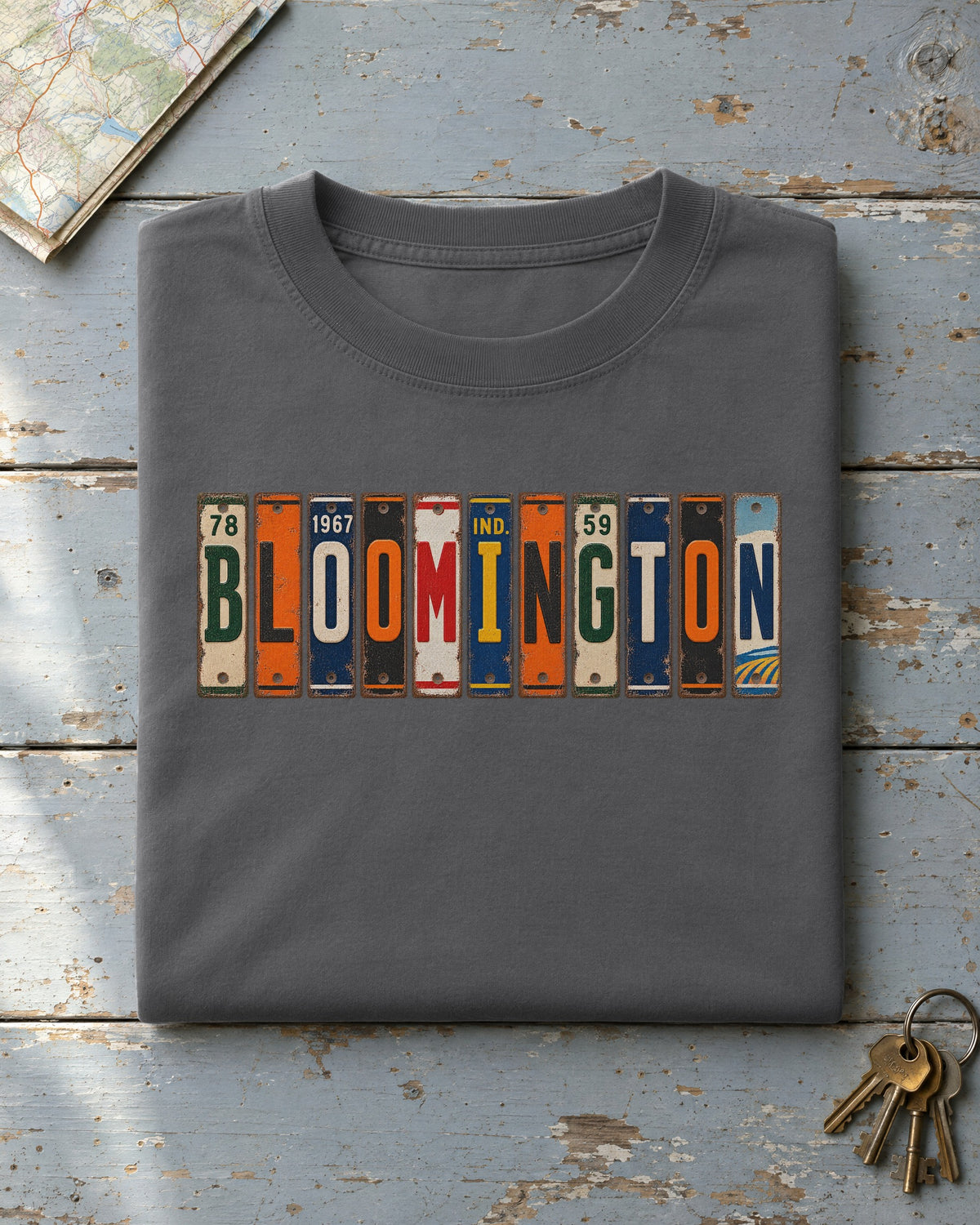 Bloomington, Indiana vintage license plate t-shirt in Pepper