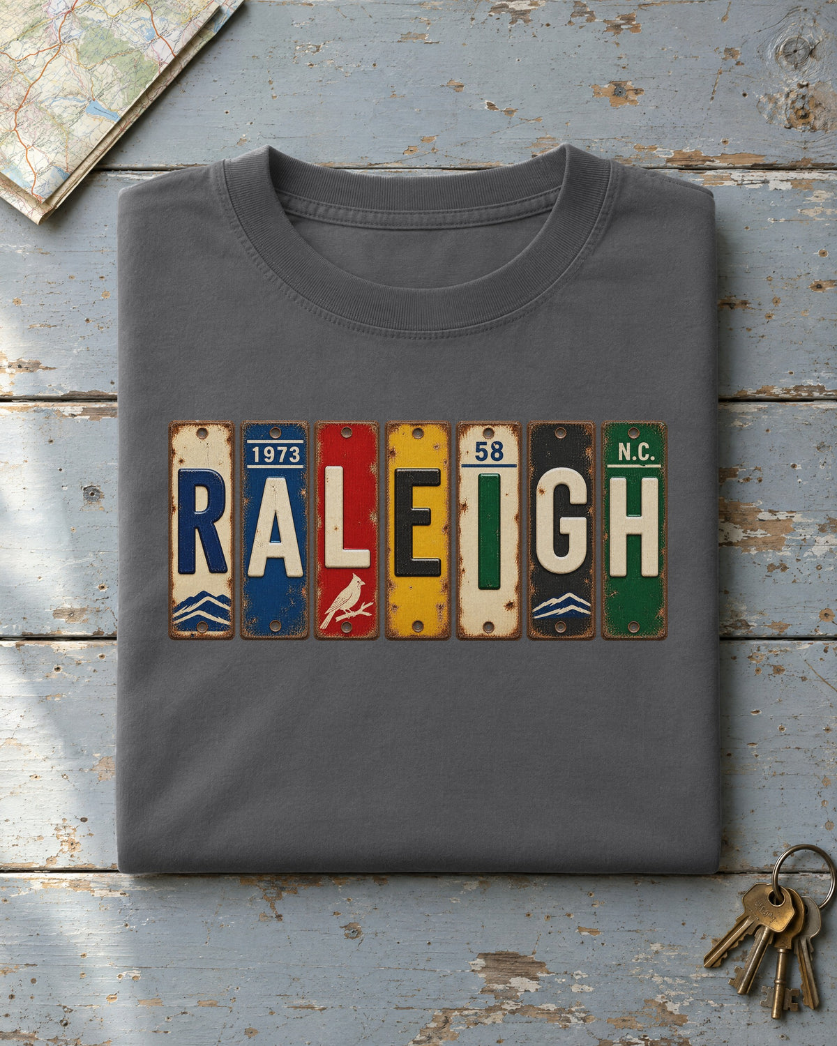 Raleigh, North Carolina vintage license plate t-shirt in Pepper