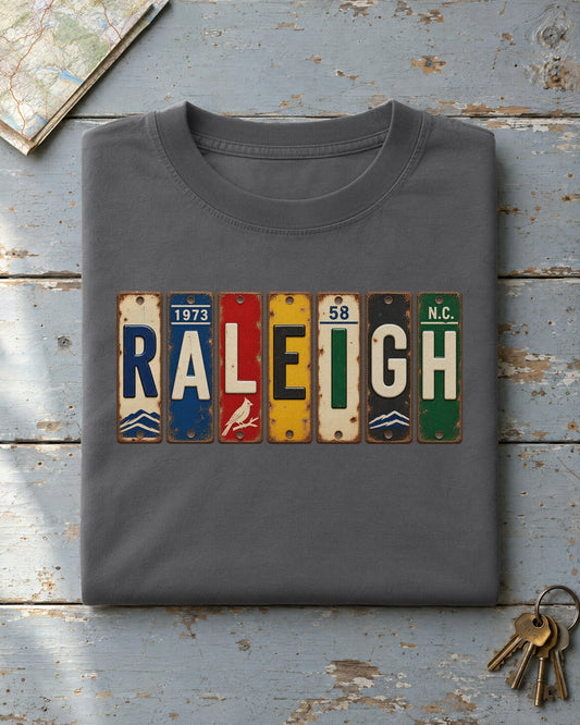 Raleigh, North Carolina vintage license plate t-shirt in Pepper