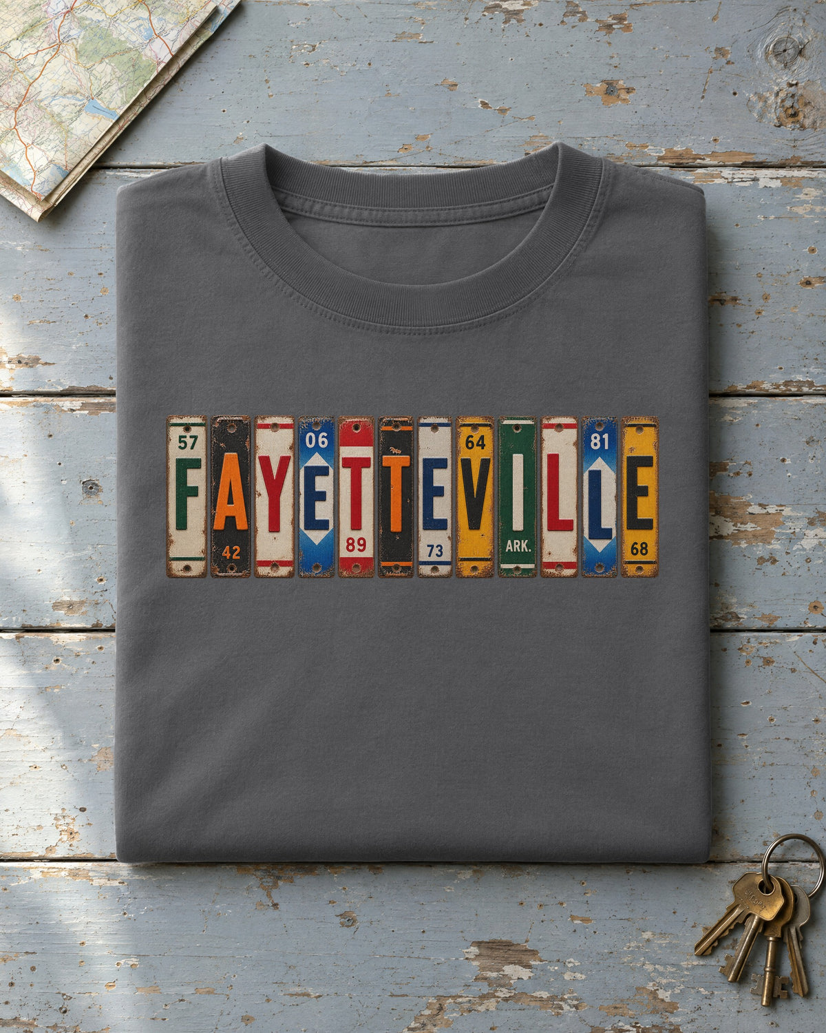Fayetteville, Arkansas vintage license plate t-shirt in Pepper