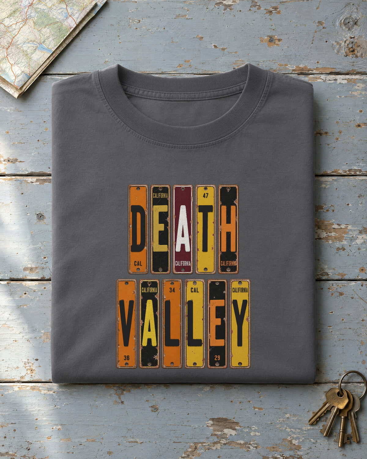 Death Valley, California vintage license plate t-shirt in Pepper