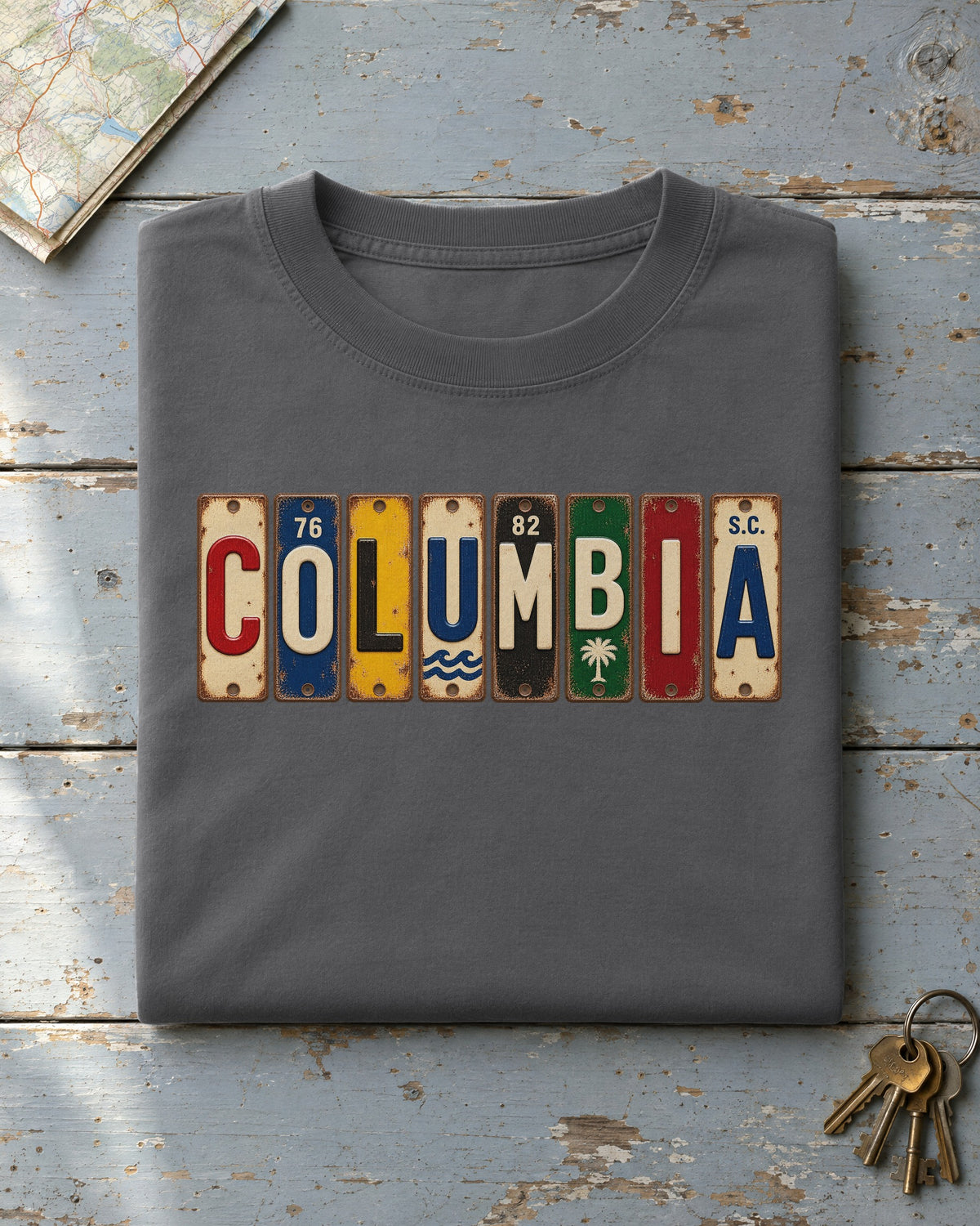 Columbia, South Carolina vintage license plate t-shirt in Pepper