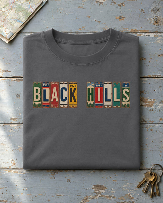 Black Hills, South Dakota vintage license plate t-shirt in Pepper