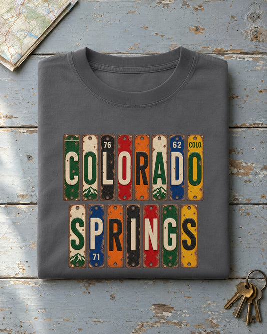 Colorado Springs, Colorado vintage license plate t-shirt in Pepper