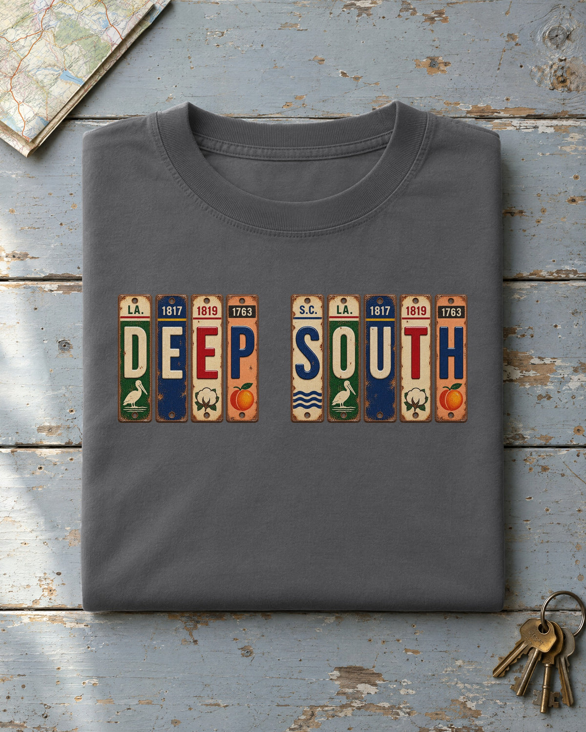 Deep South vintage license plate t-shirt in Pepper