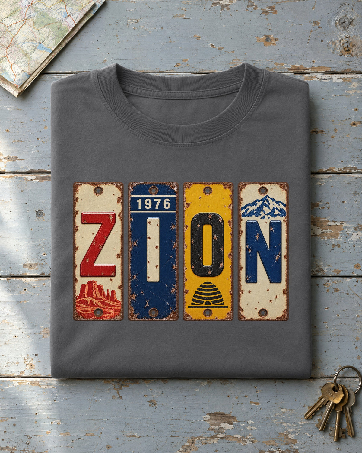 Zion, Utah vintage license plate t-shirt in Pepper