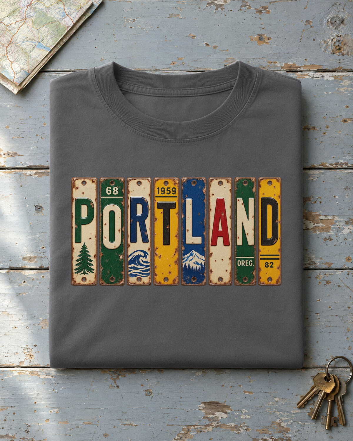 Portland, Oregon vintage license plate t-shirt in Pepper