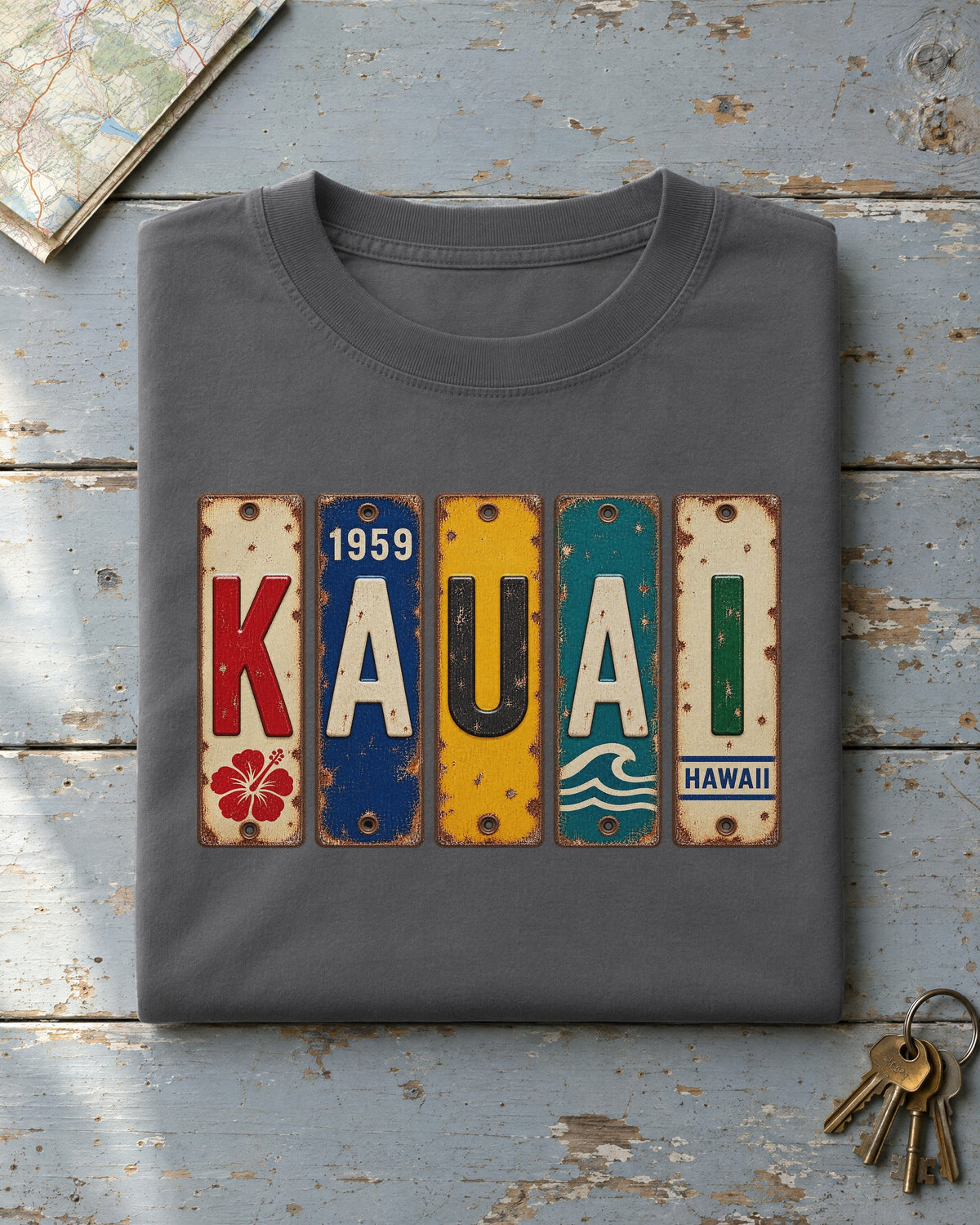 Kauai, Hawaii vintage license plate t-shirt in Pepper