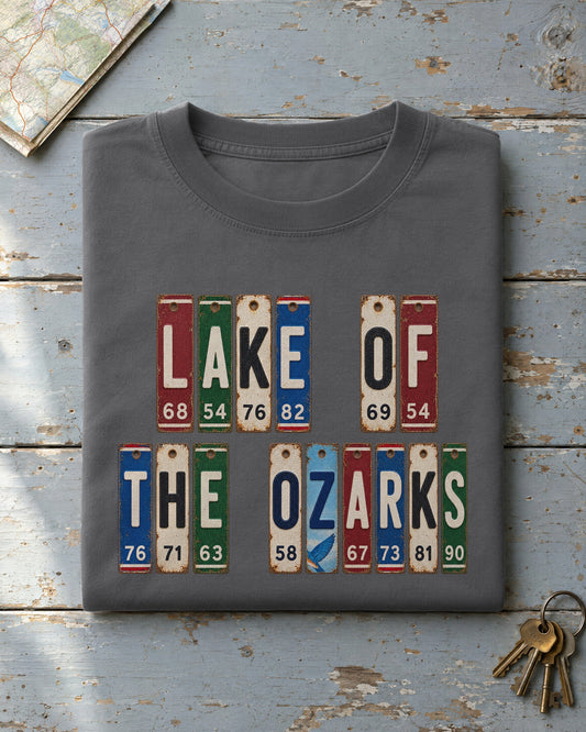 Lake of the Ozarks, Missouri vintage license plate t-shirt in Pepper