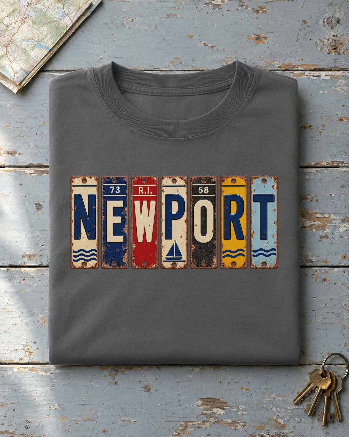 Newport, Rhode Island vintage license plate t-shirt in Pepper