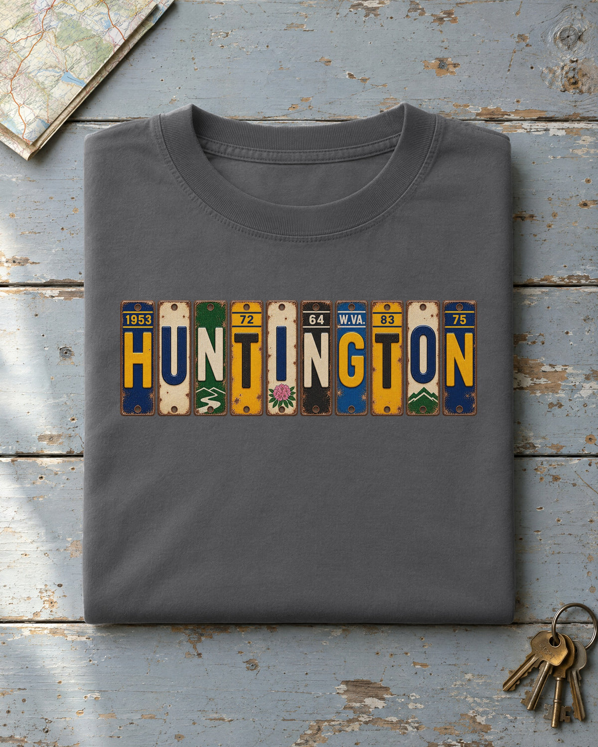 Huntington, West Virginia vintage license plate t-shirt in Pepper