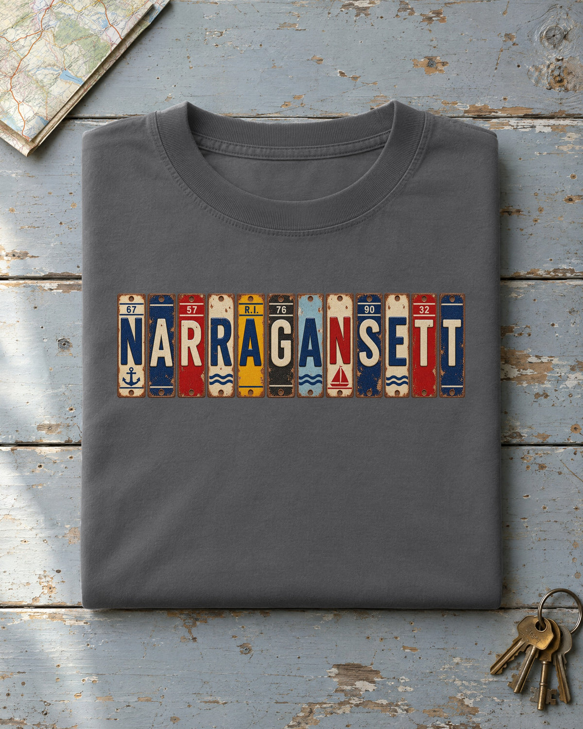 Narragansett, Rhode Island vintage license plate t-shirt in Pepper