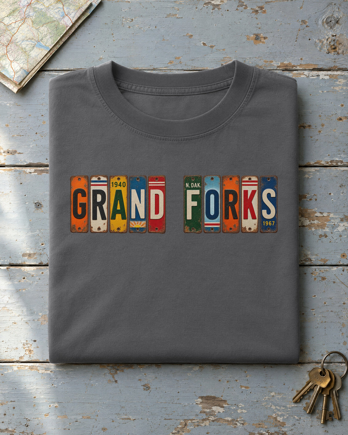 Grand Forks, North Dakota vintage license plate t-shirt in Pepper
