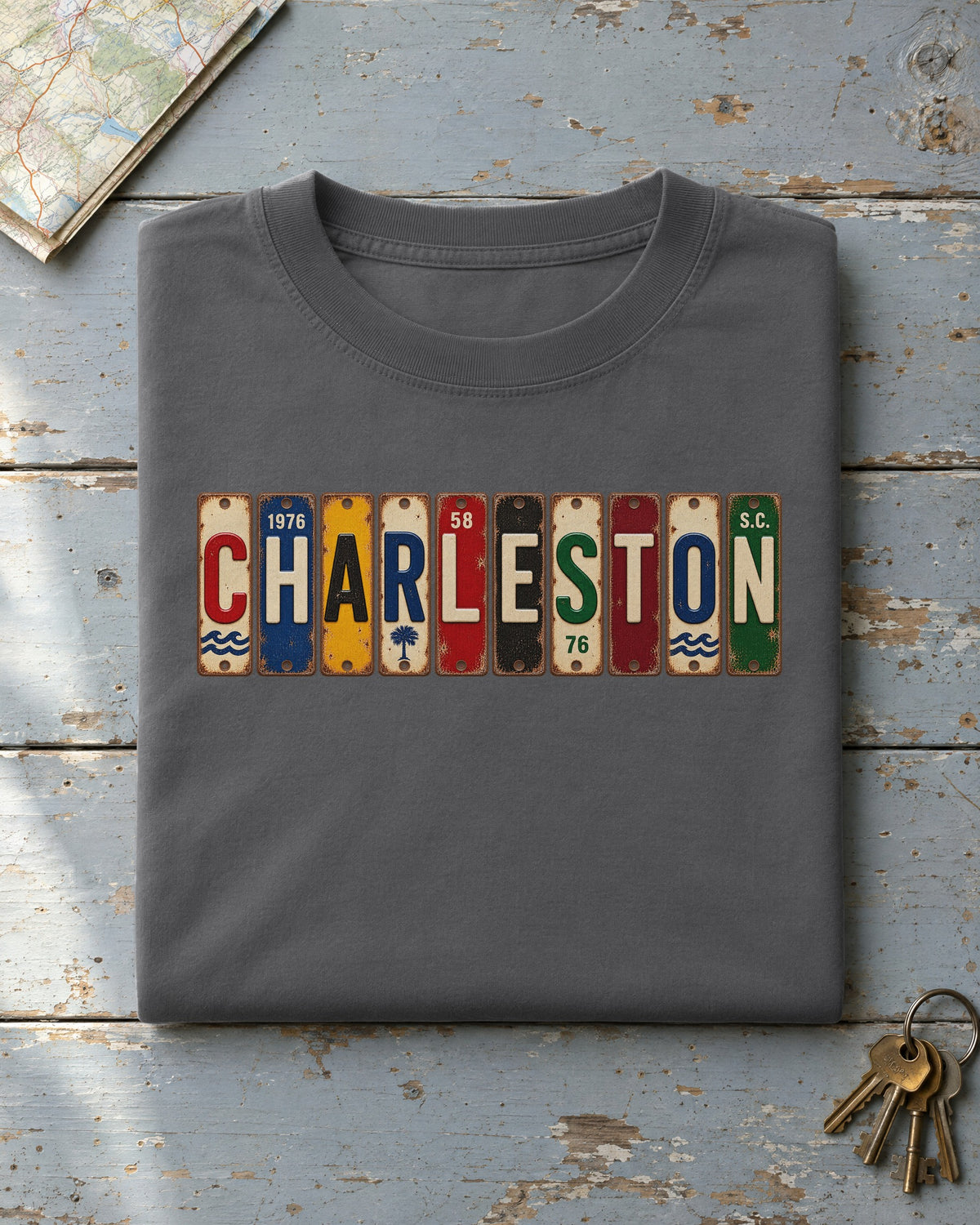 Charleston, South Carolina vintage license plate t-shirt in Pepper
