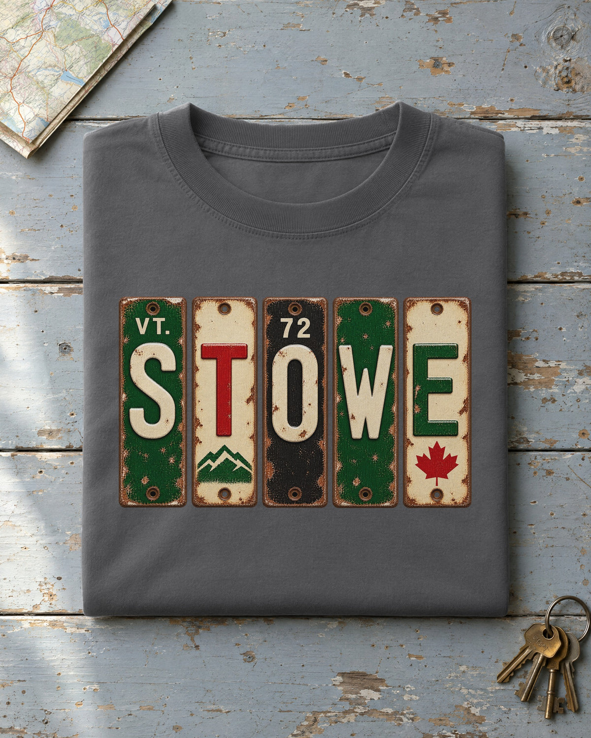 Stowe, Vermont vintage license plate t-shirt in Pepper