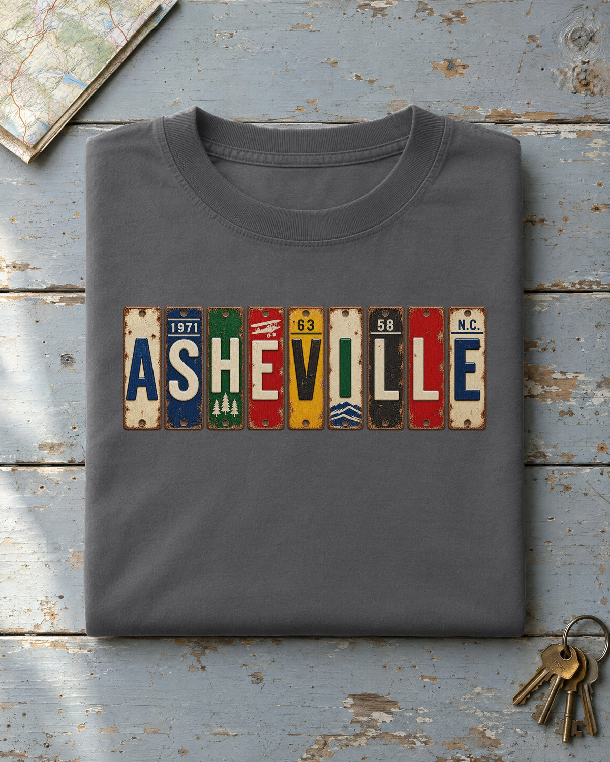 Asheville, North Carolina vintage license plate t-shirt in Pepper
