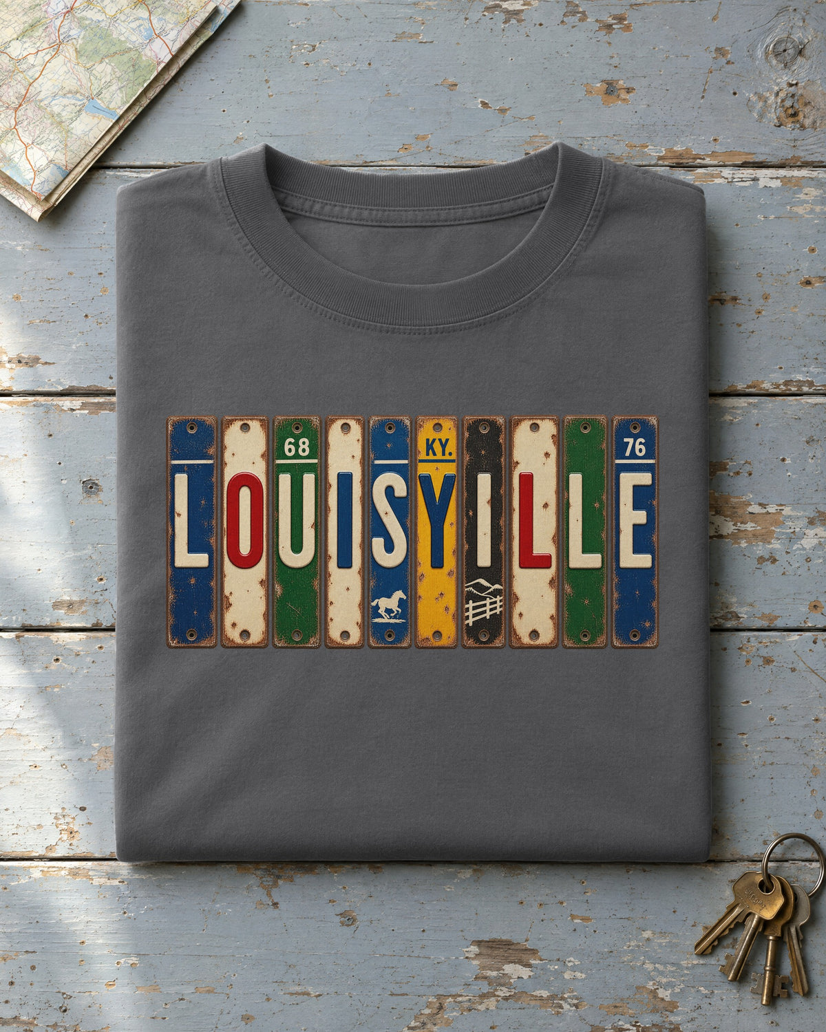 Louisville, Kentucky vintage license plate t-shirt in Pepper