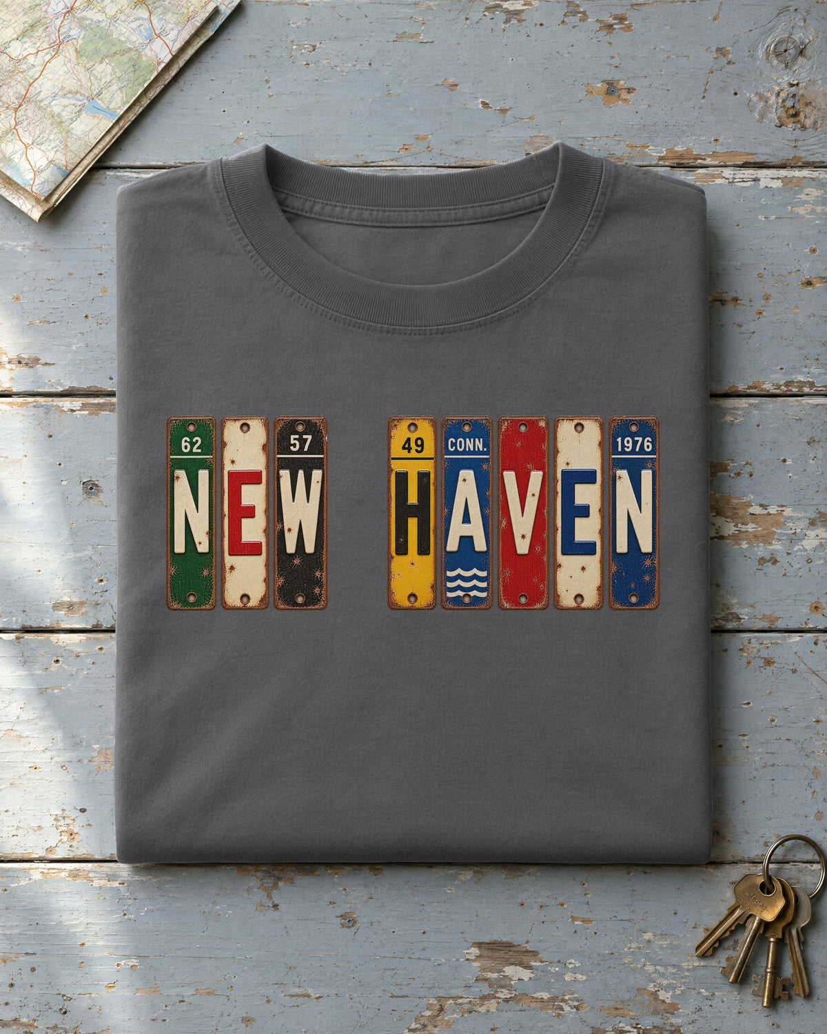 New Haven, Connecticut vintage license plate t-shirt in Pepper