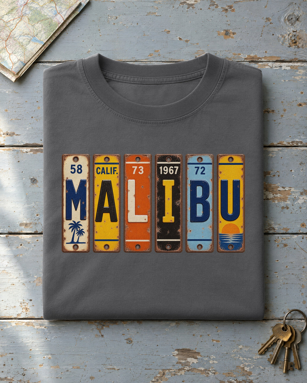Malibu, California vintage license plate t-shirt in Pepper