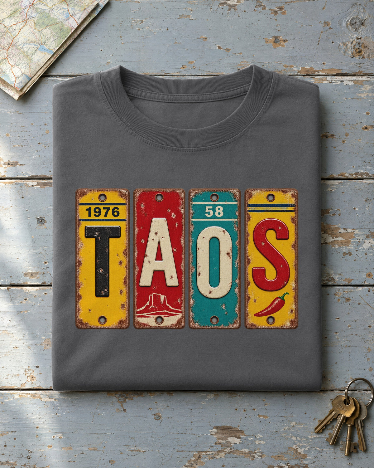 Taos, New Mexico vintage license plate t-shirt in Pepper