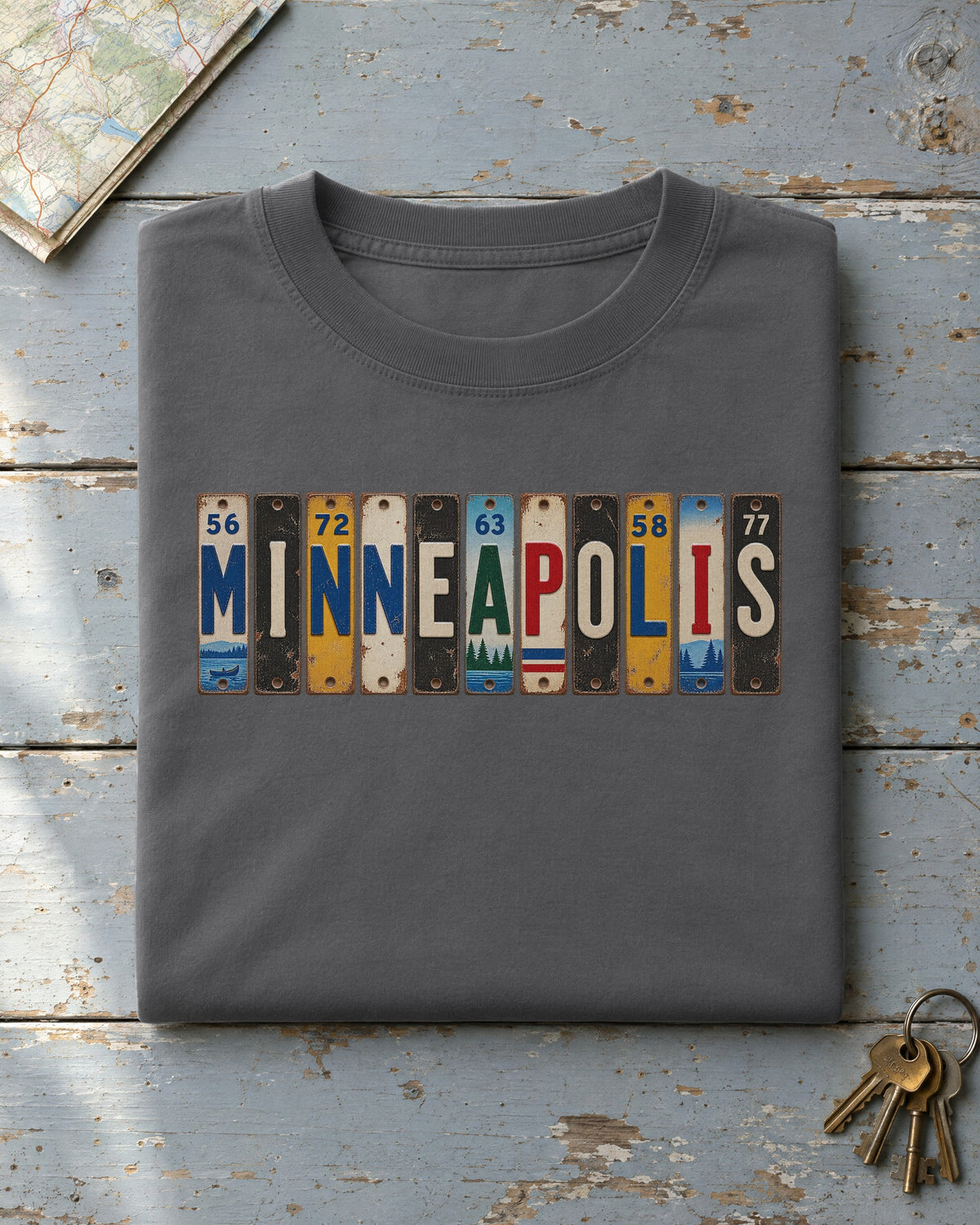 Minneapolis, Minnesota vintage license plate t-shirt in Pepper