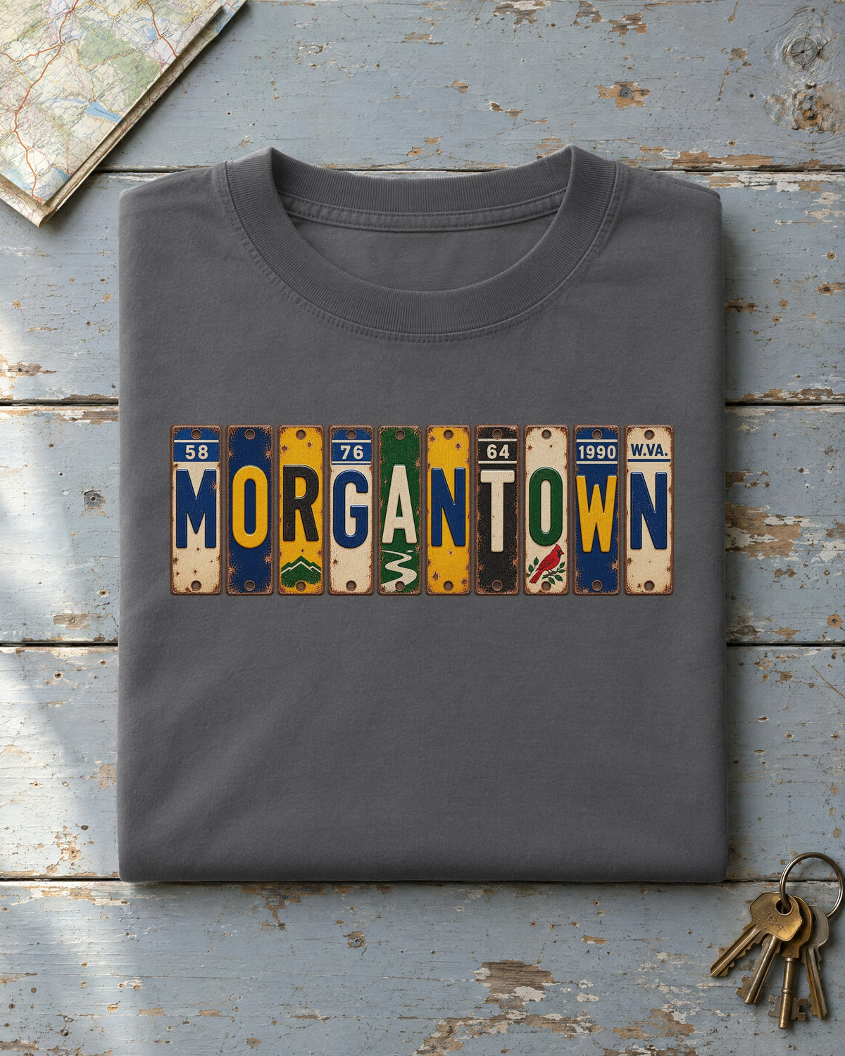 Morgantown, West Virginia vintage license plate t-shirt in Pepper
