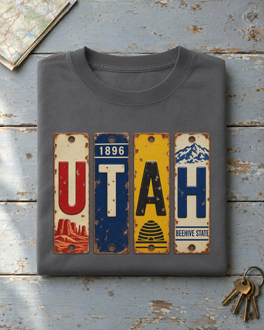 Utah vintage license plate t-shirt in Pepper