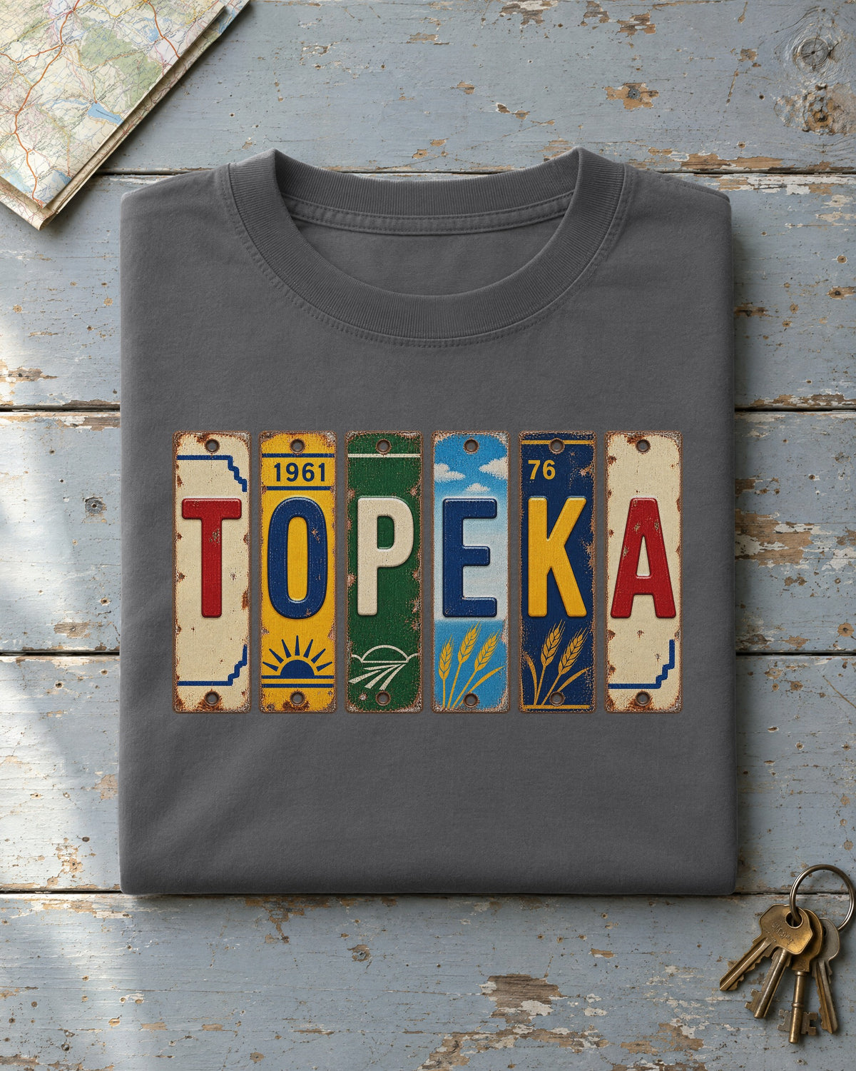 Topeka, Kansas vintage license plate t-shirt in Pepper