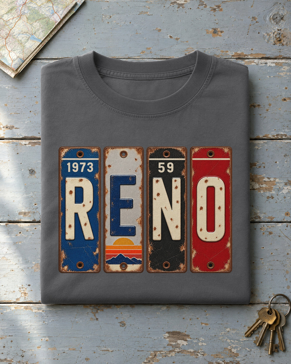 Reno, Nevada vintage license plate t-shirt in Pepper