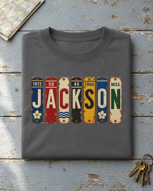 Jackson, Mississippi vintage license plate t-shirt in Pepper