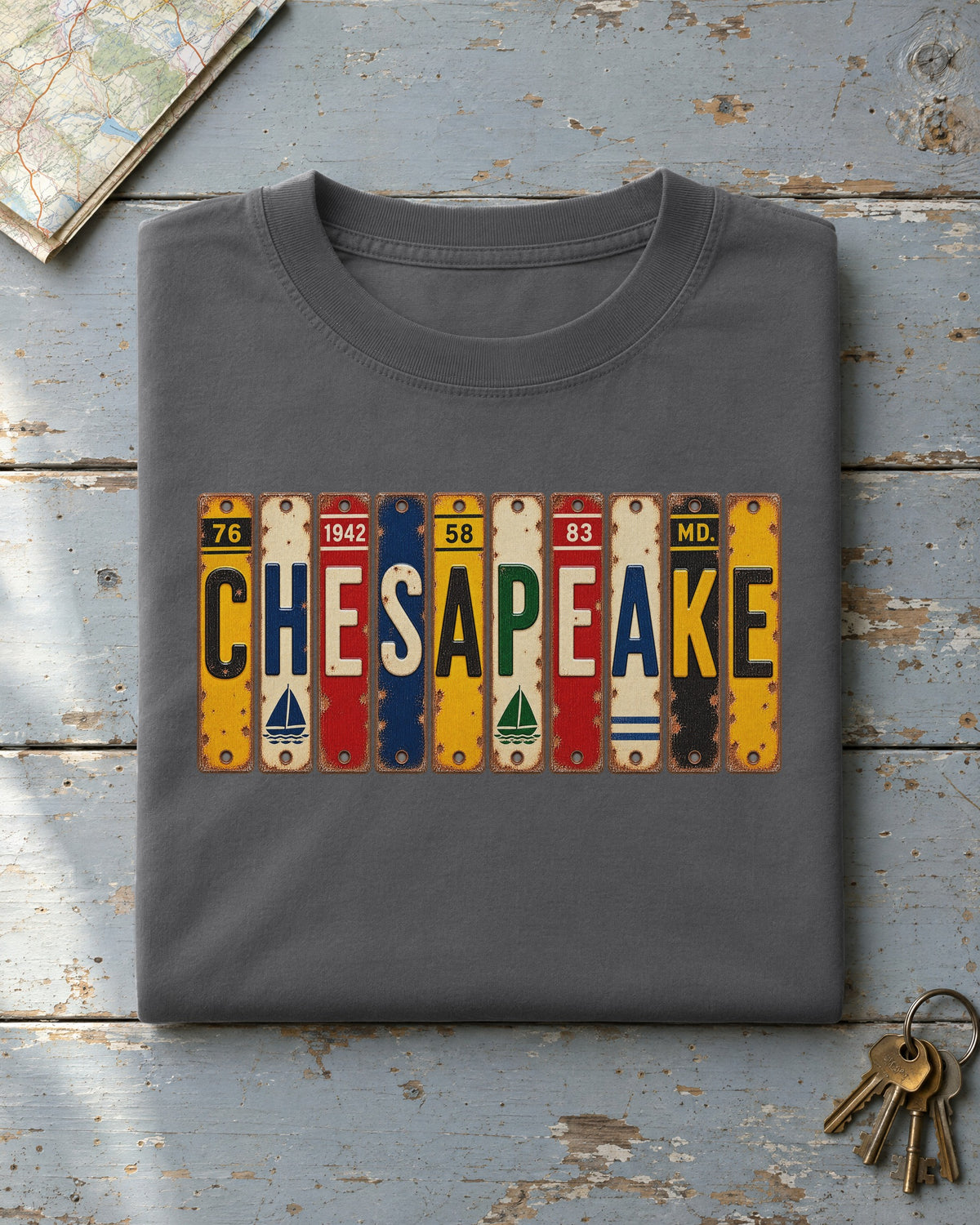 Chesapeake, Maryland vintage license plate t-shirt in Pepper