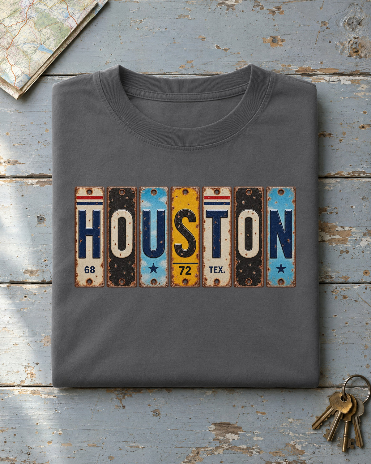 Houston, Texas vintage license plate t-shirt in Pepper