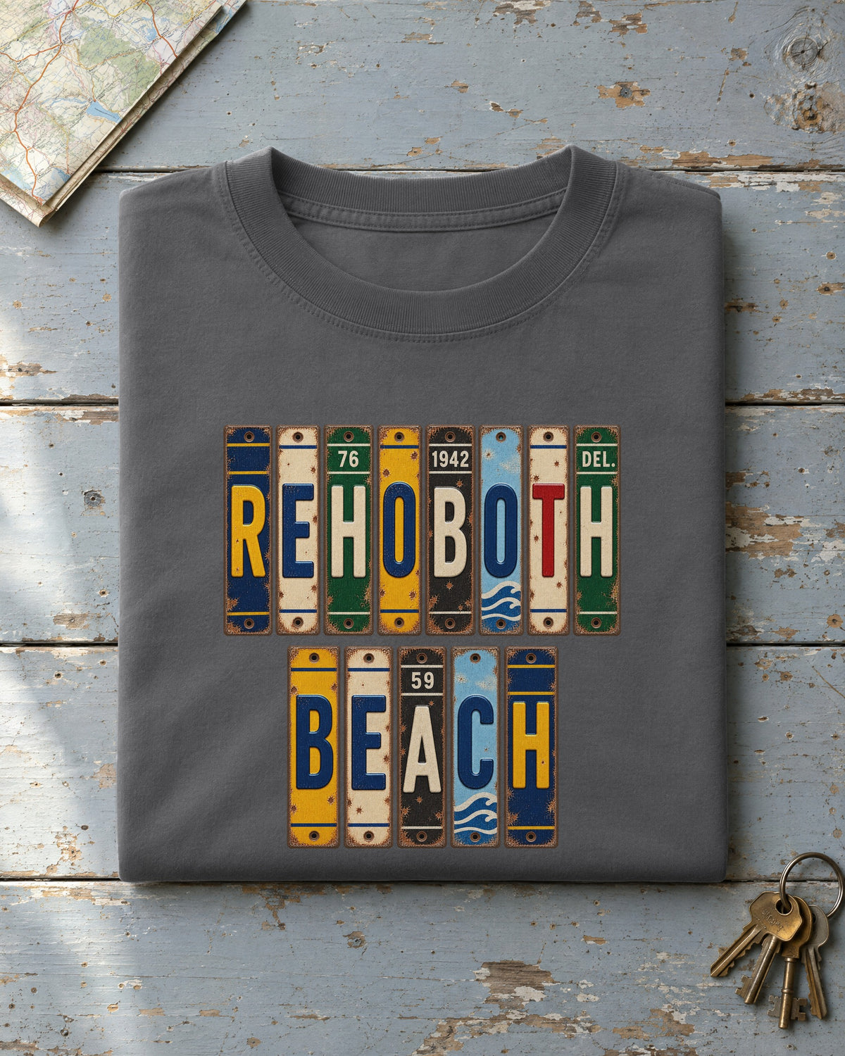 Rehoboth Beach, Delaware vintage license plate t-shirt in Pepper