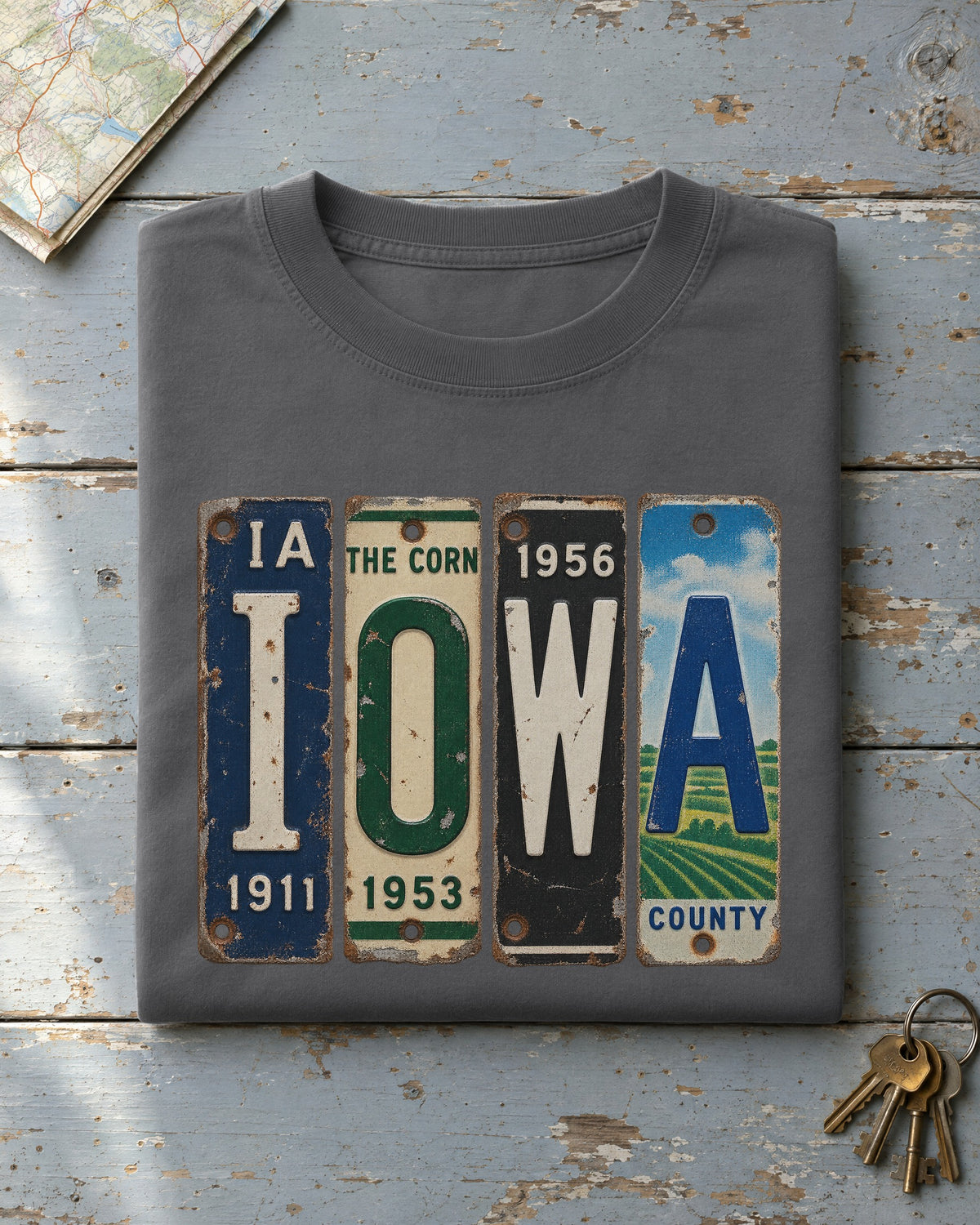 Iowa vintage license plate t-shirt in Pepper