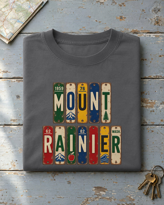 Mount Rainier, Washington vintage license plate t-shirt in Pepper