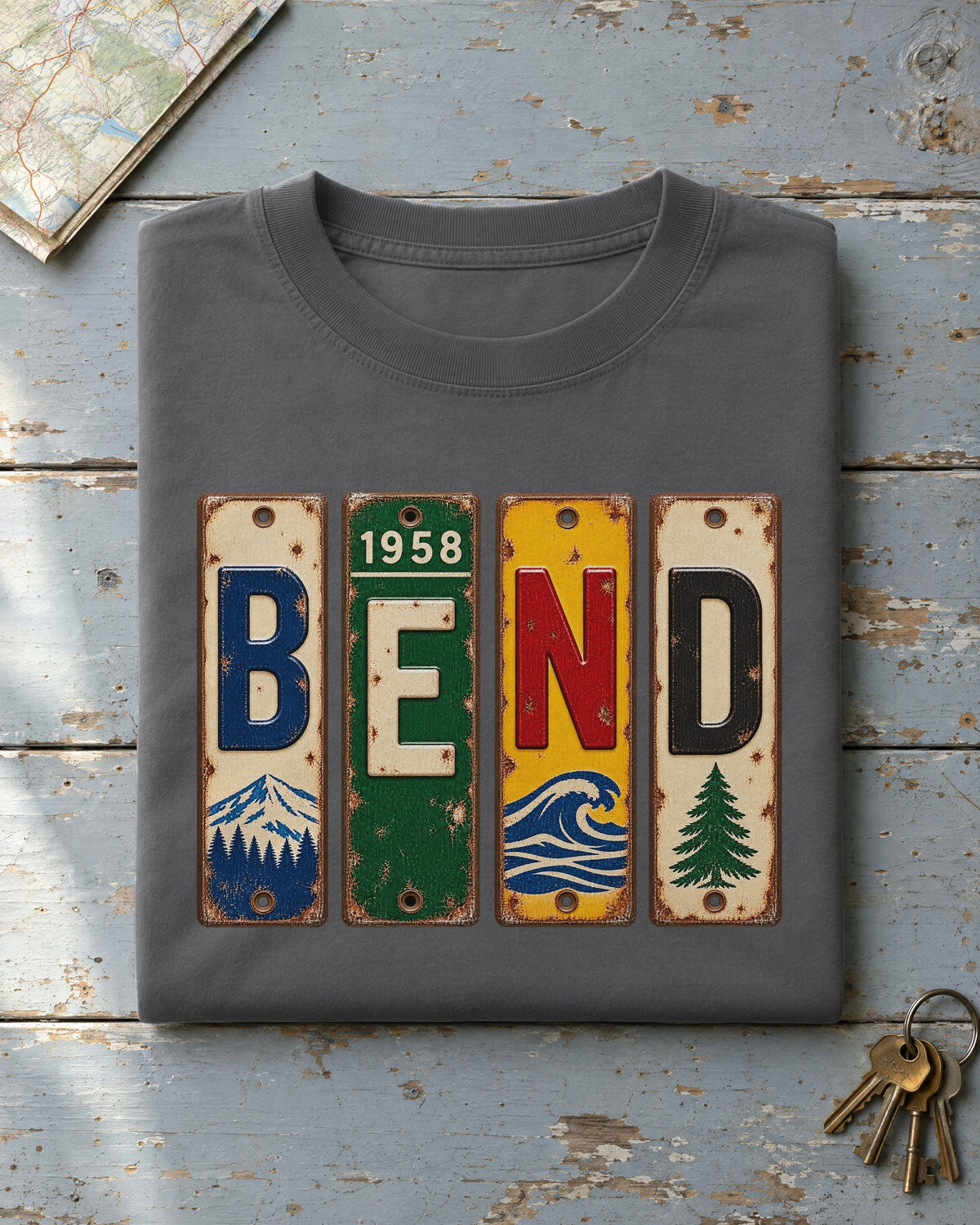 Bend, Oregon vintage license plate t-shirt in Pepper