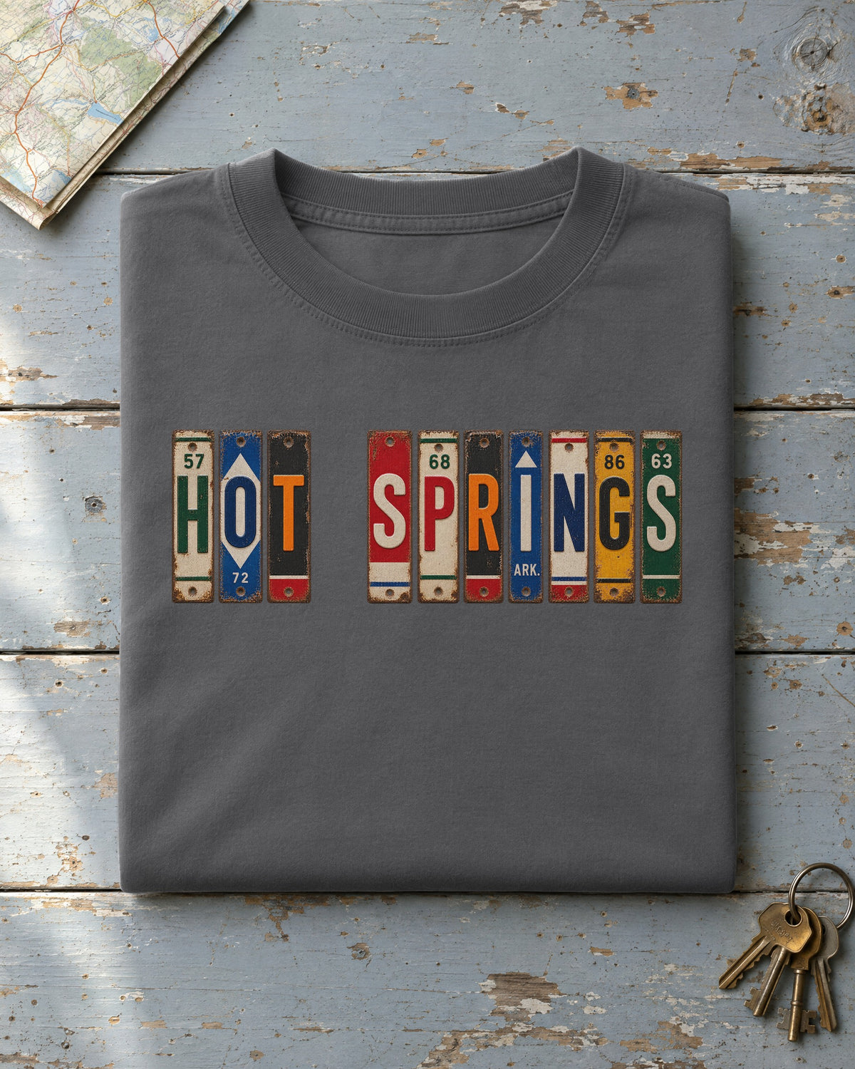 Hot Springs, Arkansas vintage license plate t-shirt in Pepper