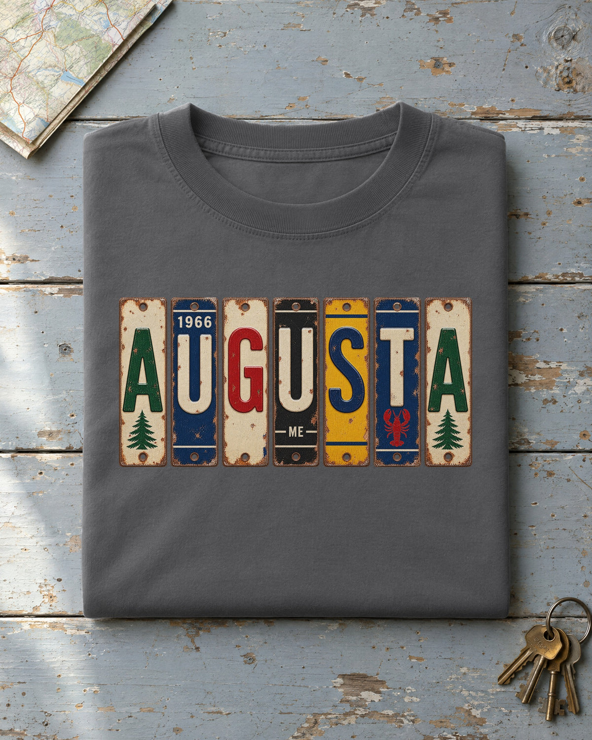 Augusta, Maine vintage license plate t-shirt in Pepper