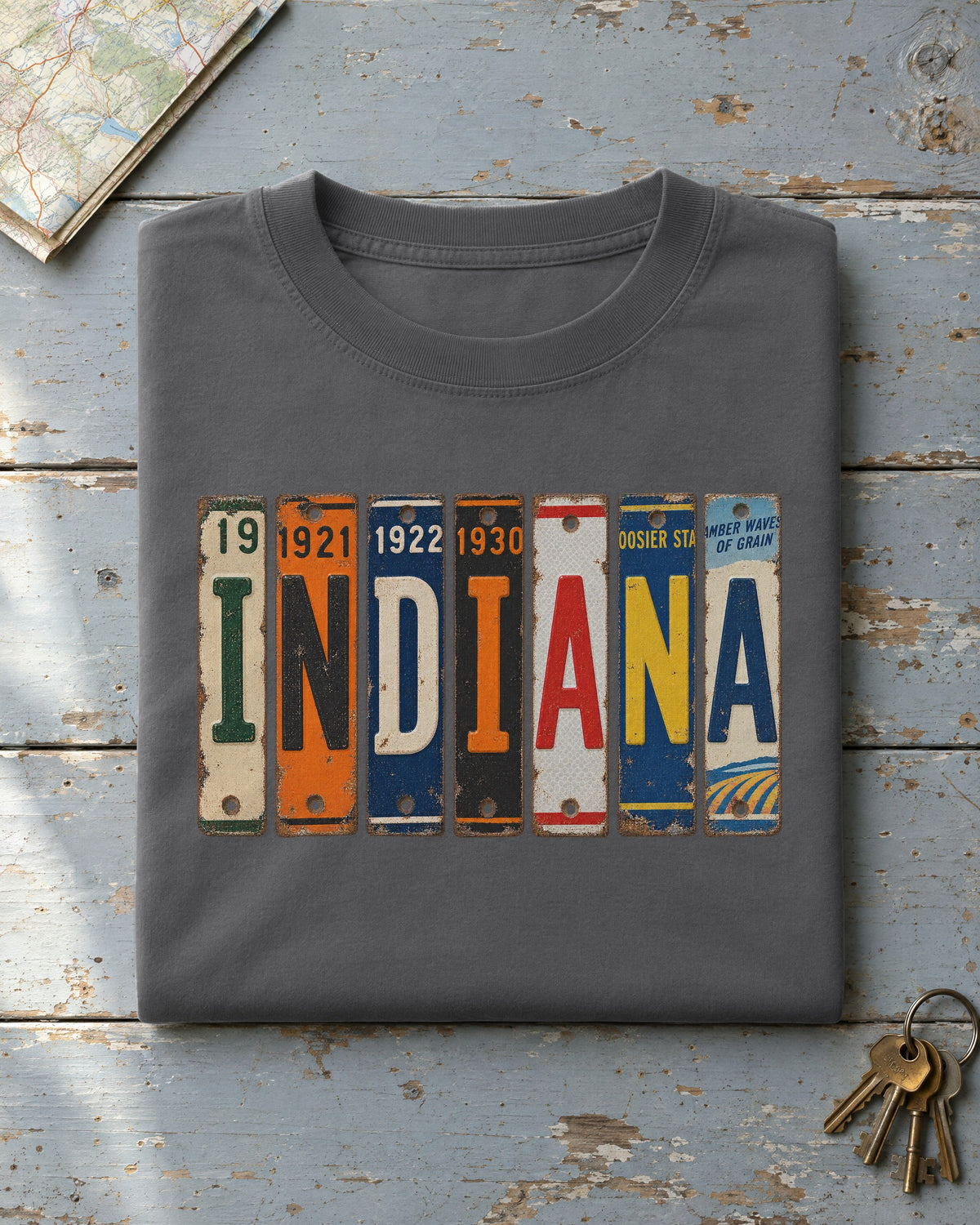 Indiana vintage license plate t-shirt in Pepper