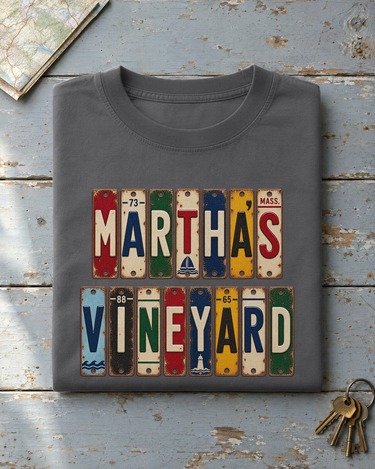 Martha's Vineyard, Massachusetts vintage license plate t-shirt in Pepper