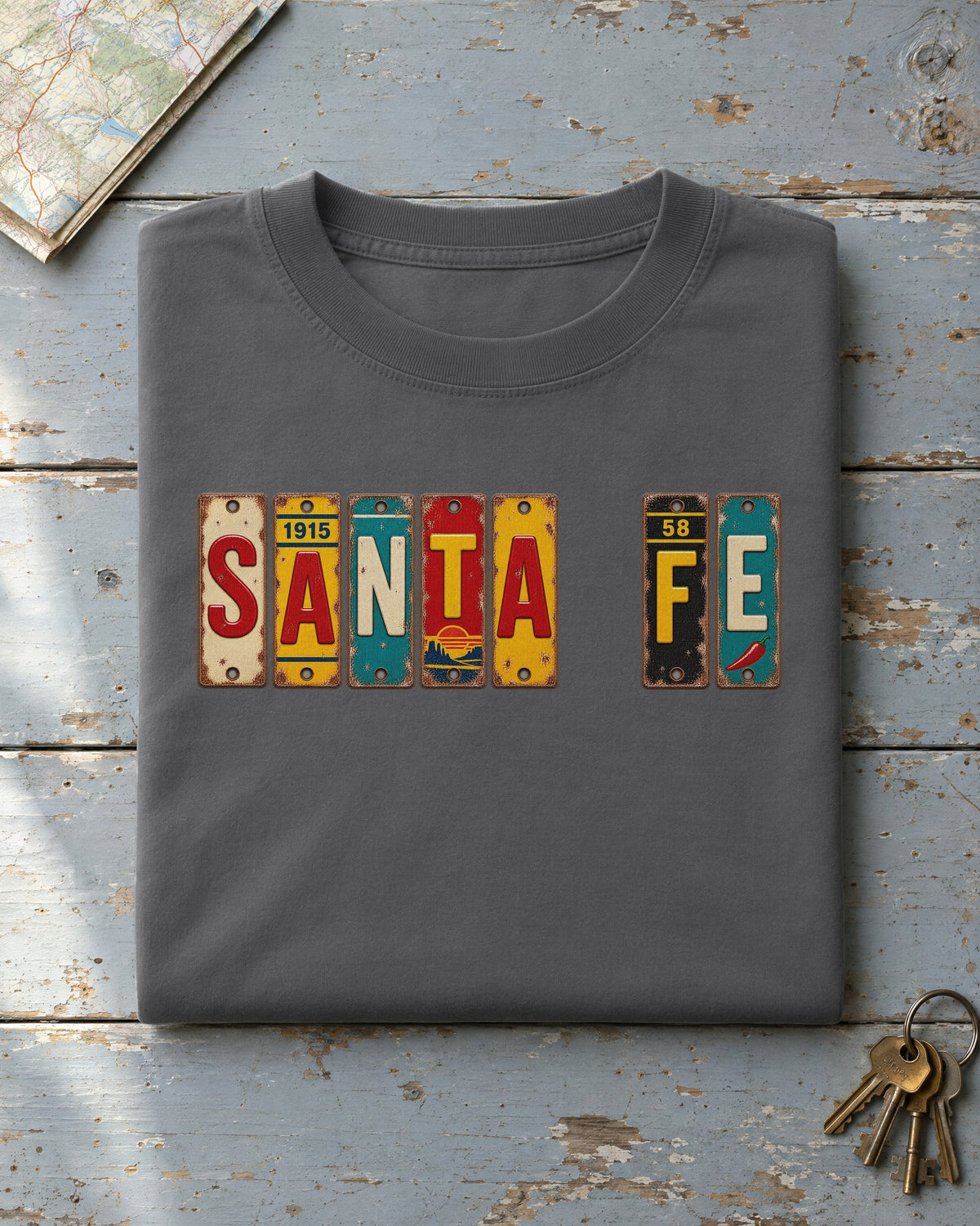 Santa Fe, New Mexico vintage license plate t-shirt in Pepper