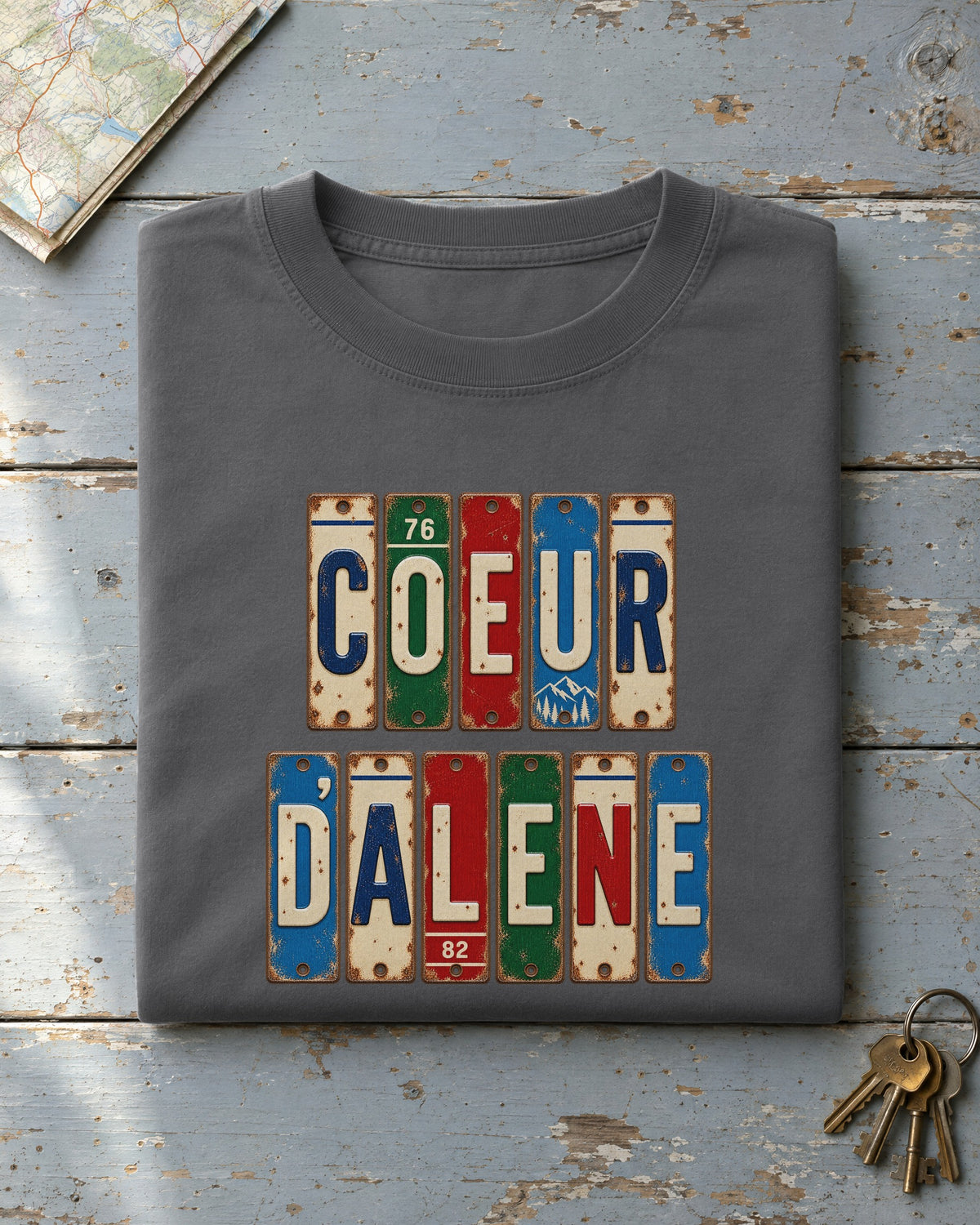 Coeur d'Alene, Idaho vintage license plate t-shirt in Pepper