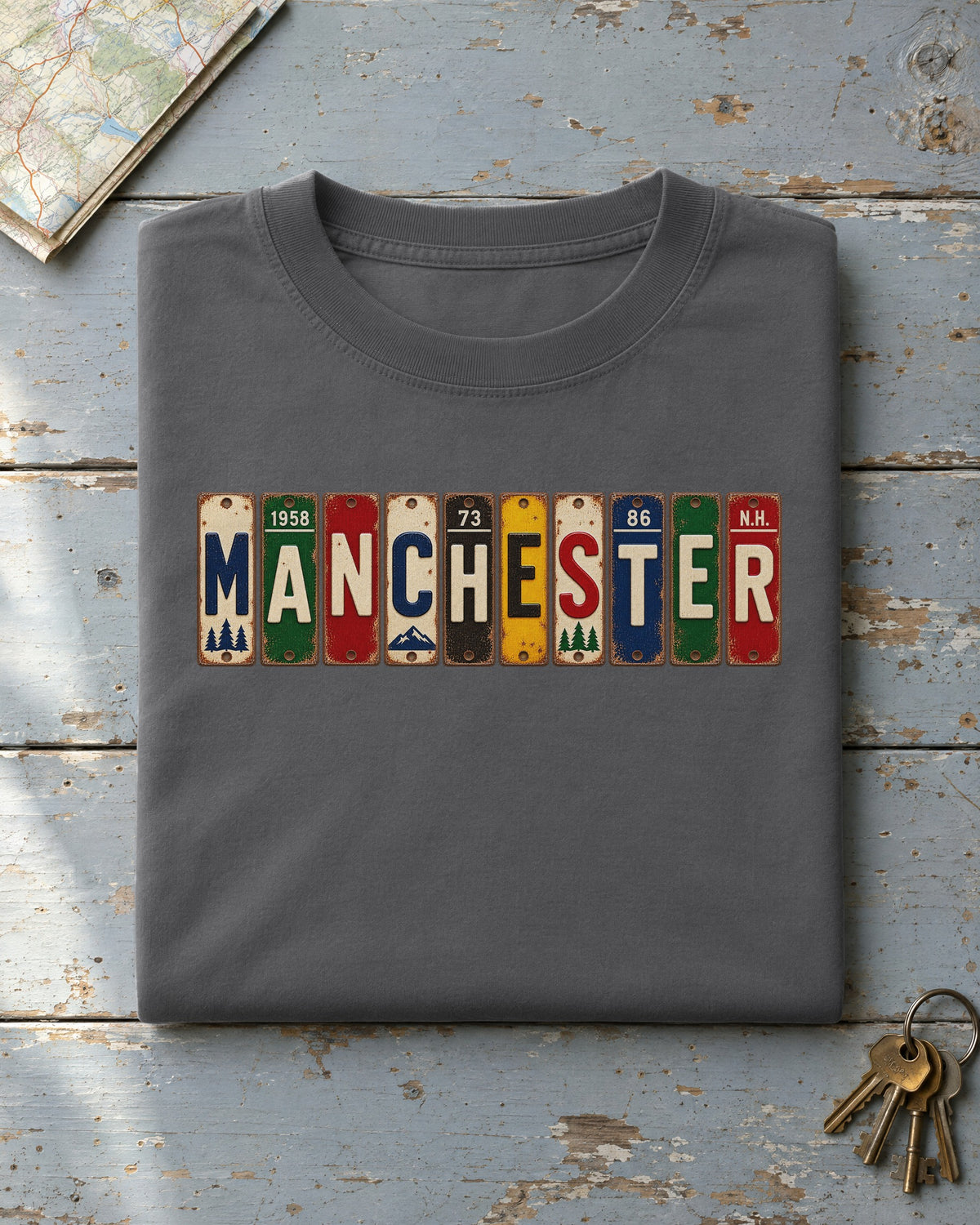 Manchester, New Hampshire vintage license plate t-shirt in Pepper