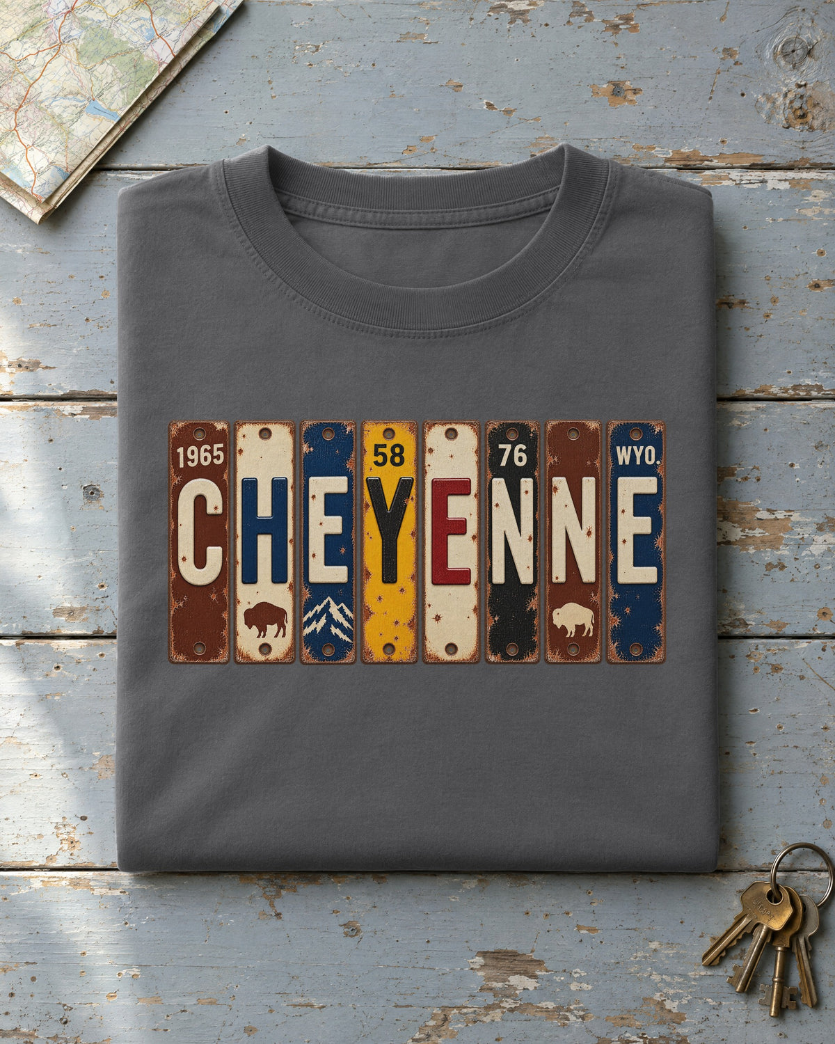 Cheyenne, Wyoming vintage license plate t-shirt in Pepper