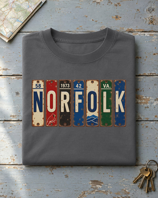 Norfolk, Virginia vintage license plate t-shirt in Pepper