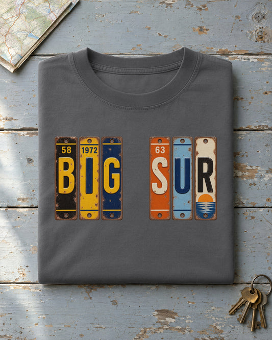 Big Sur, California vintage license plate t-shirt in Pepper