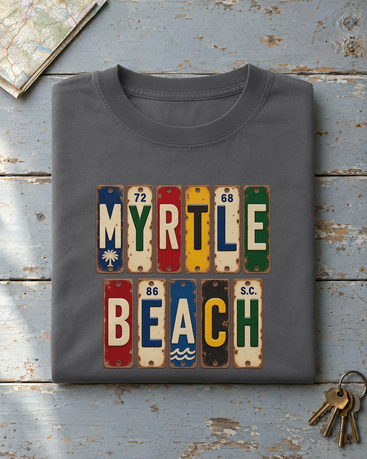Myrtle Beach, South Carolina vintage license plate t-shirt in Pepper